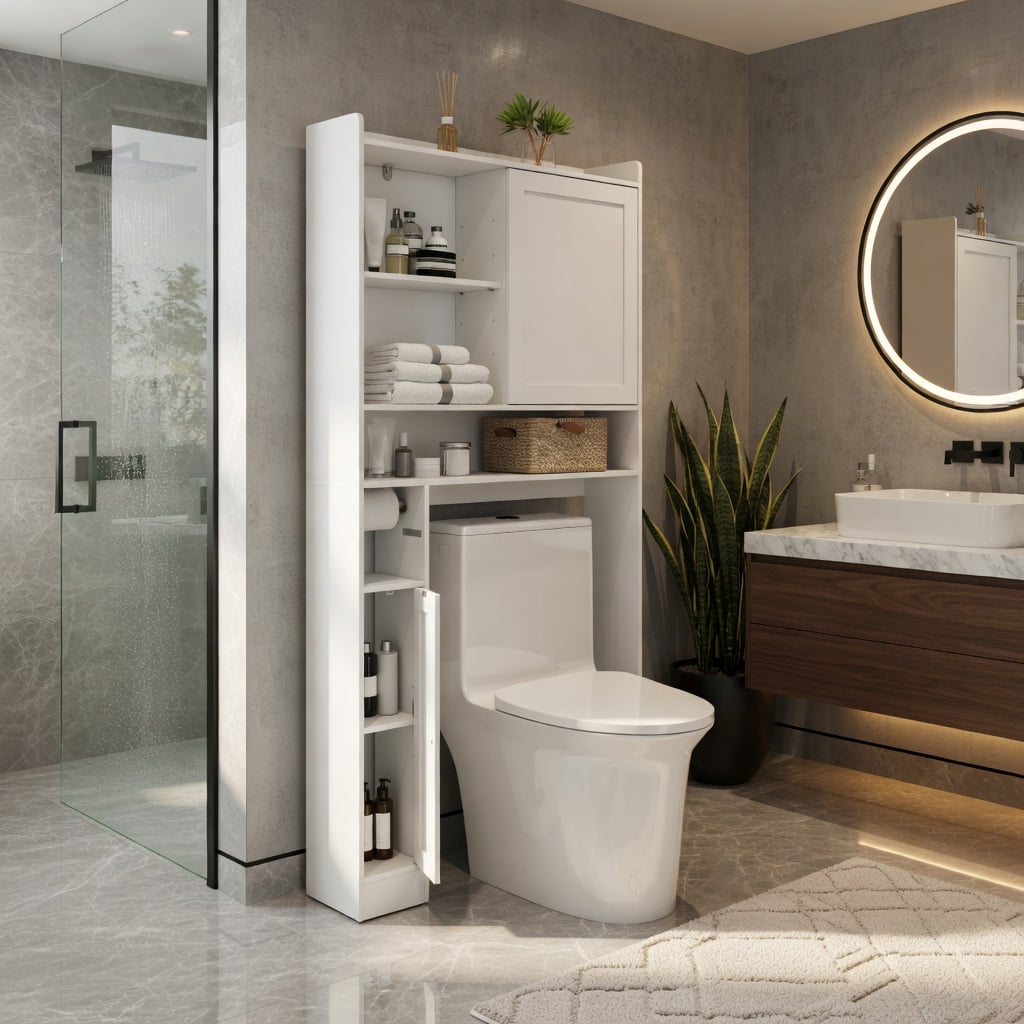 Hommoo Over-the-Toilet Storage Cabinet with Sliding Door, MDF Bathroom Organizer, Adjustable Shelves & Wall-Safe Anti-Tip Design, White