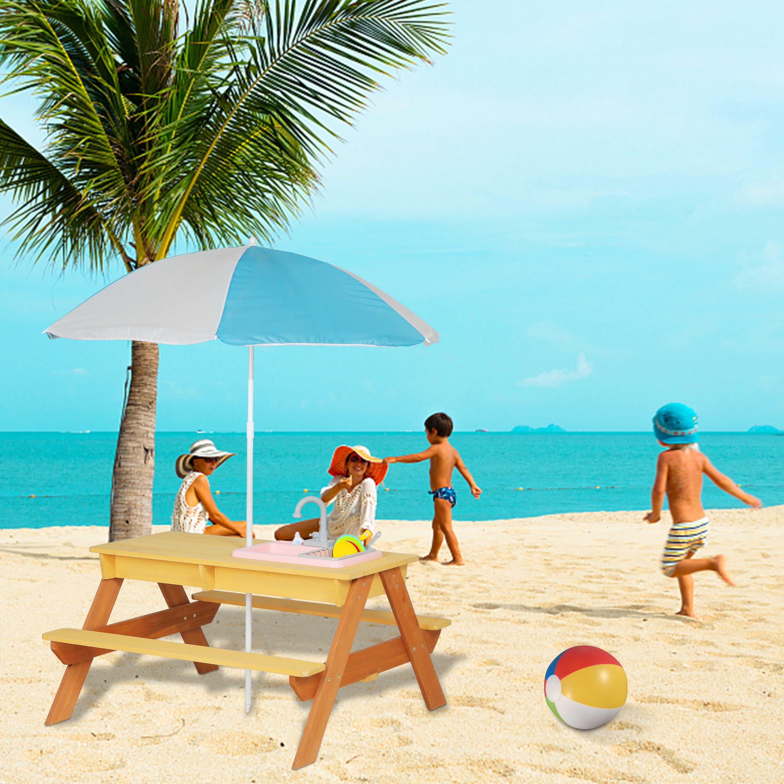 CQSXDA Versatile Wooden Kids Picnic and Sand Water Table with Umbrella for Outdoor Activity in Your Patio Area