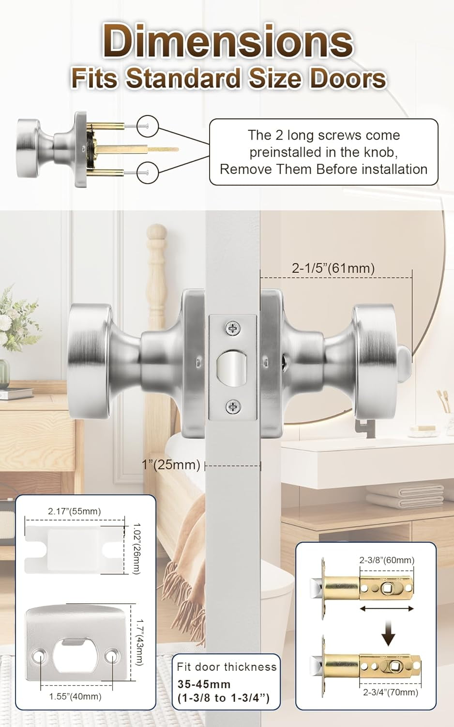 Bedroom Door Knobs Interior, Privacy Keyless Door Handles for Bedroom or Bathroom, 1 Pack Square Panel Door Knob in Satin Nickel Finish