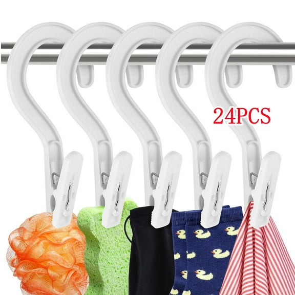 24pcs Laundry Hooks Clip Plastic Clothes Hangers Pins Super Strong Hanger Clips for Bathroom Travel Portable,White