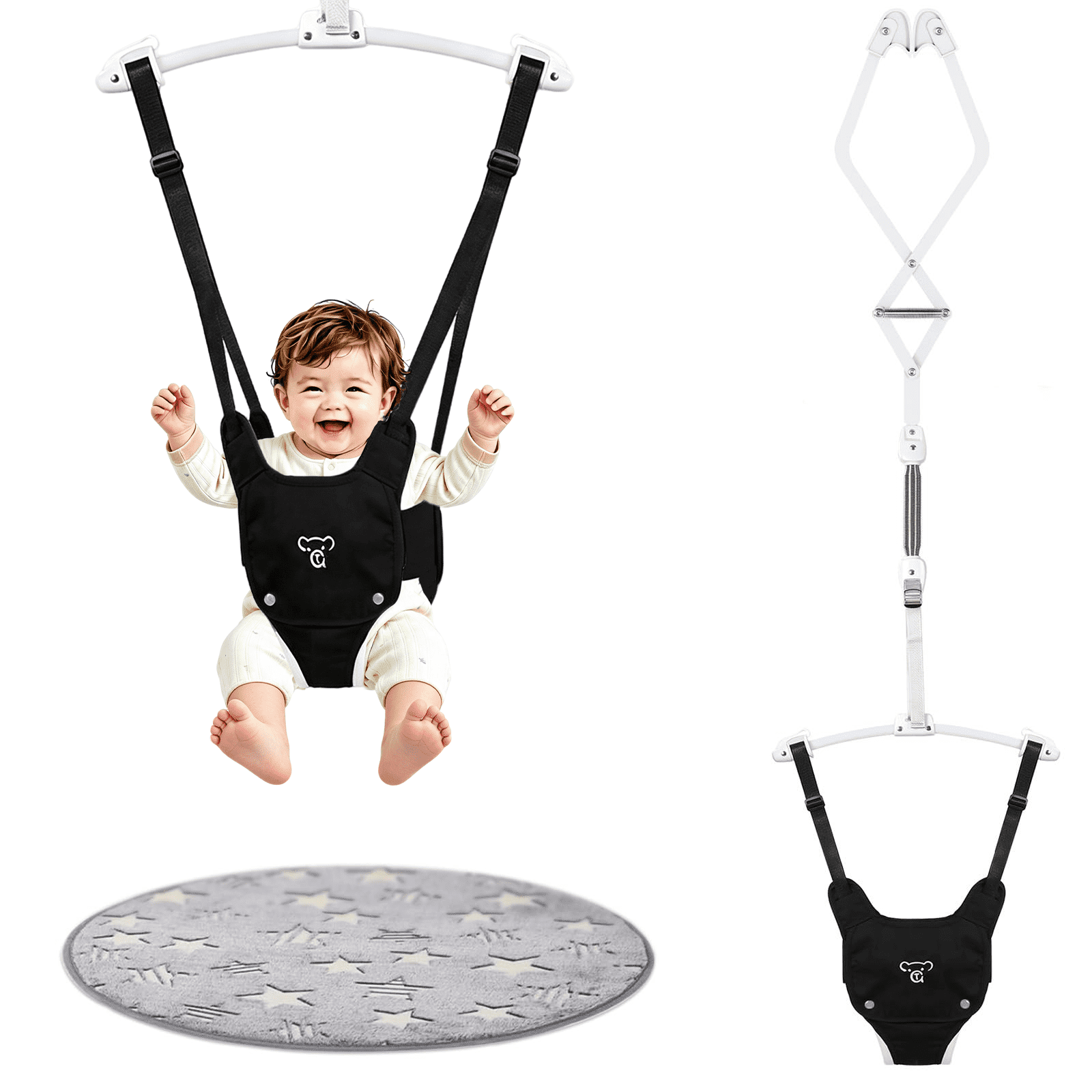Baby Jumper, Baby Doorway Jumper with Adjustable Strap, Protable Baby Jumpers and Bouncers, Easy to Assemble, Toddler Bouncer Jumper with Floor Mat, Black