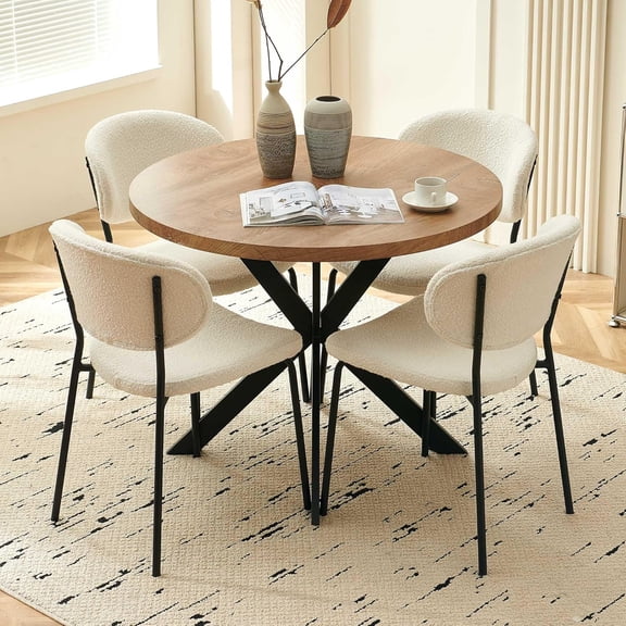NORDICANA Round Dining Table Set for 4, Modern 5-Piece Kitchen Table Set, 37" Round Coffee Table with 4 Seated Boucle Dining Chairs for Dining Hall, Living Room