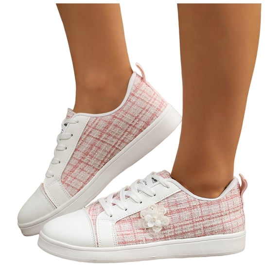 HEWUQI Tennis Shoes Womens Wide Round Toe Leather Knitted Slip on Elegant Walking Sneakers Cute Tennis Non Slip Work Footwear Pink Size 6