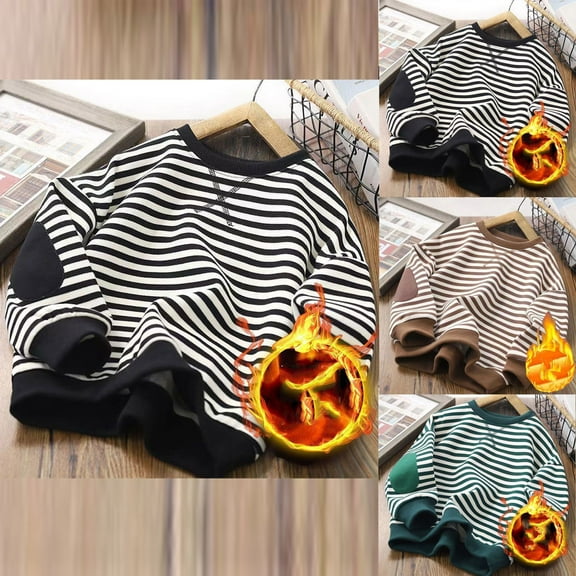 MKOSPLRT Fleece Sweatshirts for Girl Boy Long Sleeve Oversized Pullover Tops Cute Striped Sweat Shirts Warm Fall Sweatshirts 3-9Y
