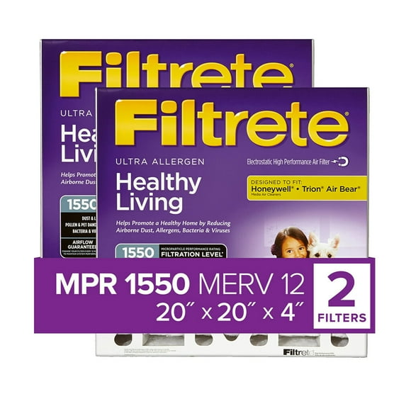 Filtrete 20x20x4, Filtre à Air pour Fournaise AC, MPR 1550 DP, Vie Saine Ultra Allergène Plissé Profond, Lot de 2 (Dimensions Réelles 19.88 x 19.88 x 4.31)