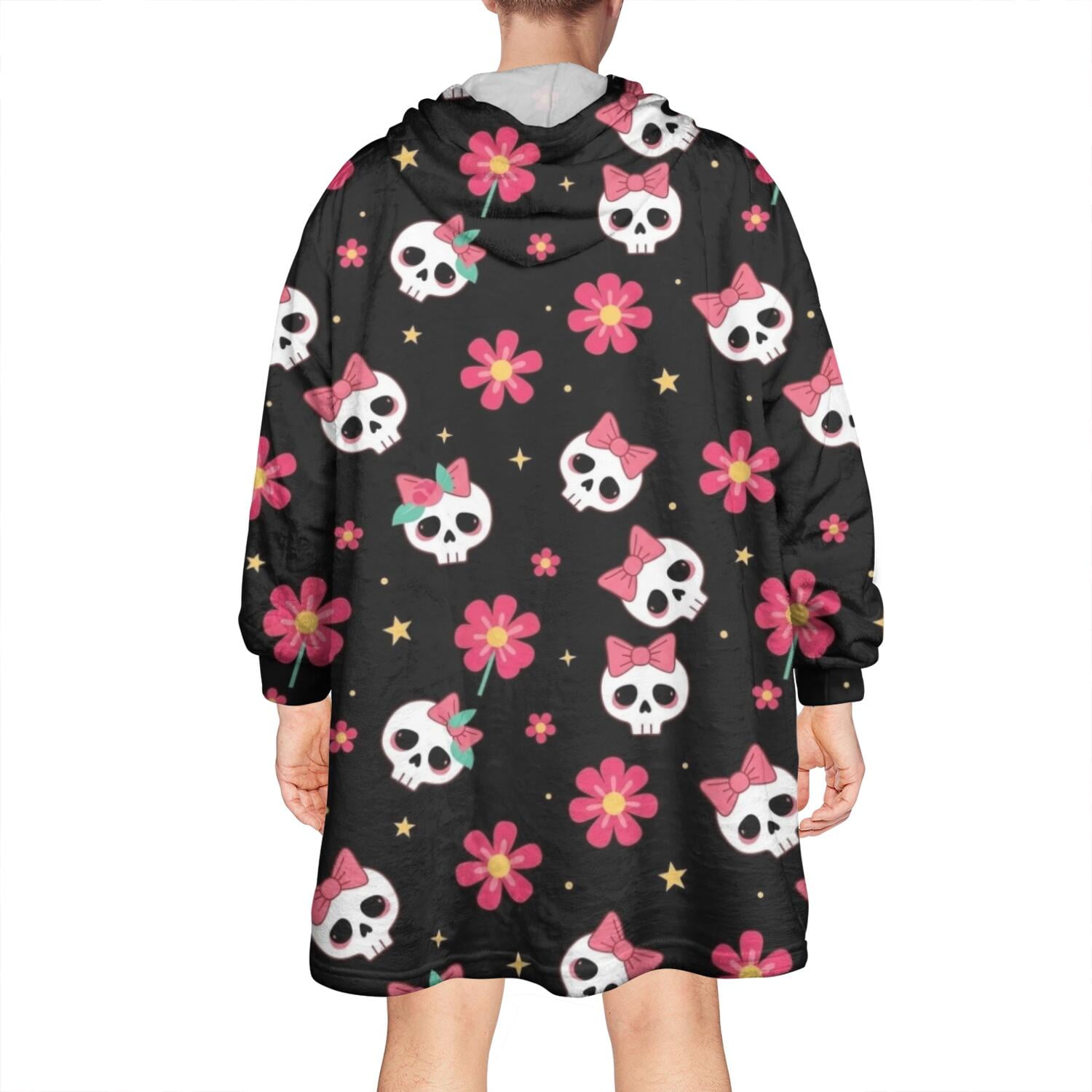 Wearable Oversized Blanket,Black Skull Flower Bow Pattern Wearable Blanket Hoodie for Adults,Cozy Hooded Blankets with Super Pockets,Super Warm Fuzzy Pullover for Women & Men