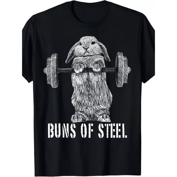 Men's Funny Buns of Steel Bunny Rabbit Weightlifting Graphic T-Shirt, Comfortable Breathable Soft Tee, Men's 100% Cotton T-Shirt 180gsm