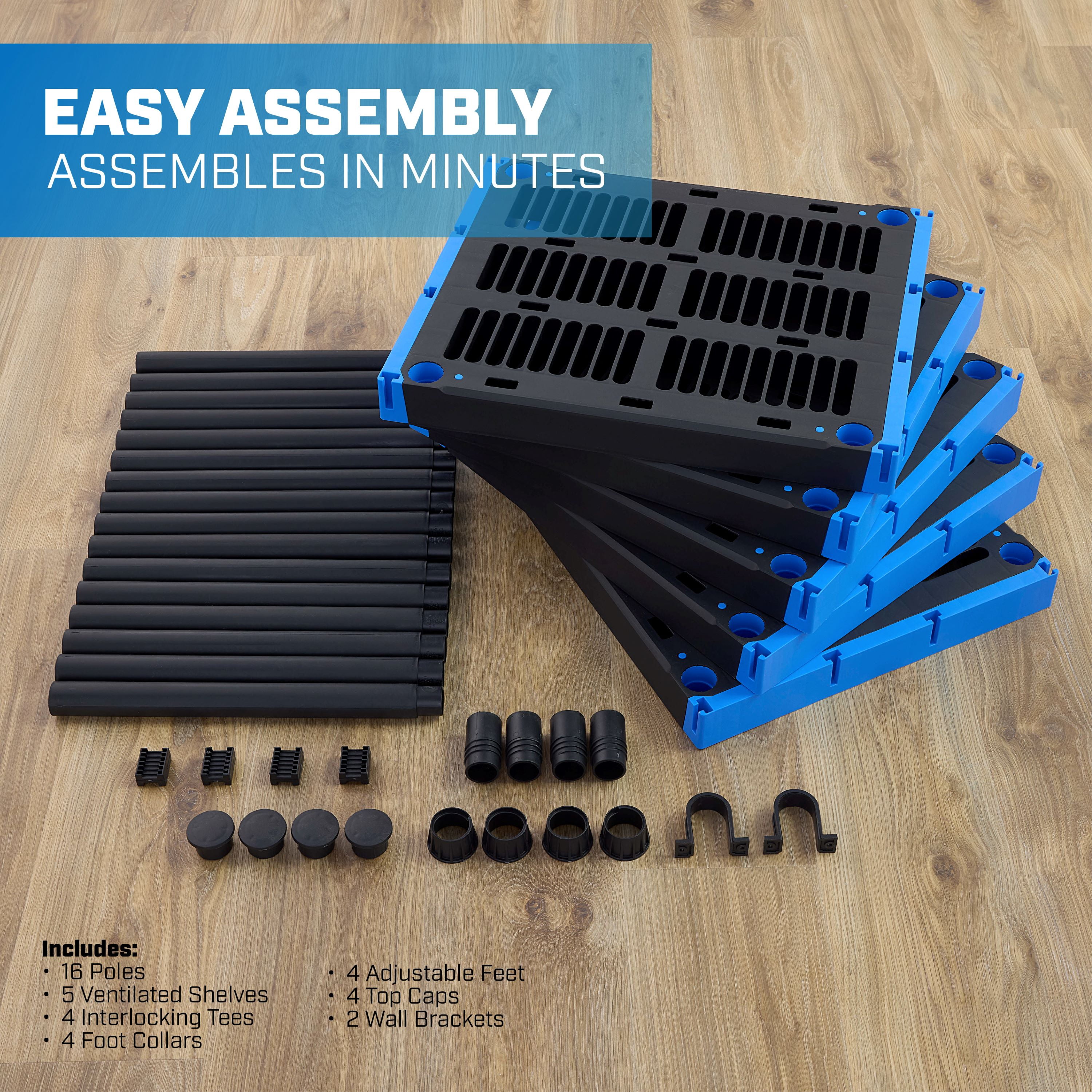 Hart 5-Shelf Plastic Storage Shelf, 24" W x 20" D x 72" H, Holds up to 500 lb Total Capacity, Black and Blue