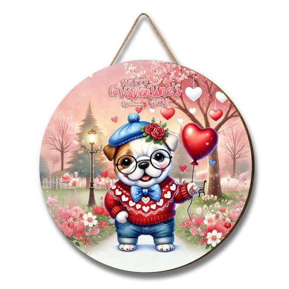 Happy Valentine’s Day Adorable Bulldog Puppy Holding Heart Balloon Round Wood Sign Dog Lover Gifts Idea Hanging Wall Home Decor - 00030