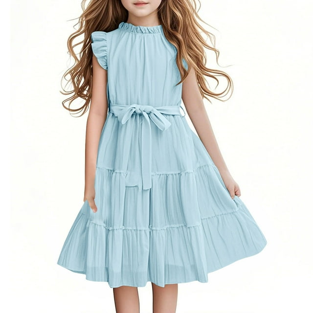 SROBPTY Robe Fille, Robe d'Été Formelle pour Fille à Manches à Volants, Coupe Ligne A, Décontractée avec Ceinture, Bleu Pâle, 5 Ans