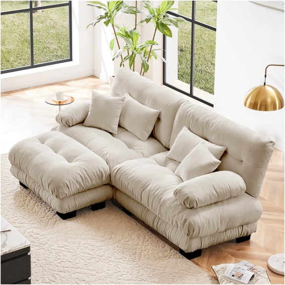 JERFIT Cloud Couch Sectional Sofa 2 Seater with Ottoman, Convertible Chaise Lounge, Upholstered in Light Coffee Chenille Fabric for Living Room