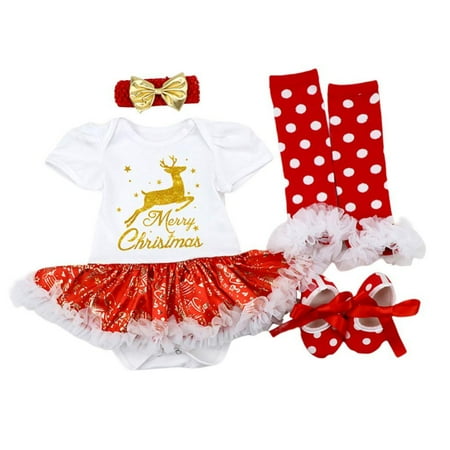 

Infant Baby Girls Christmas Outfits Newborn Short Sleeve Romper Tutu Dress+Headband+Dot Leg Warmers+Shoes 4pcs/set Toddler Clothing 0-18M