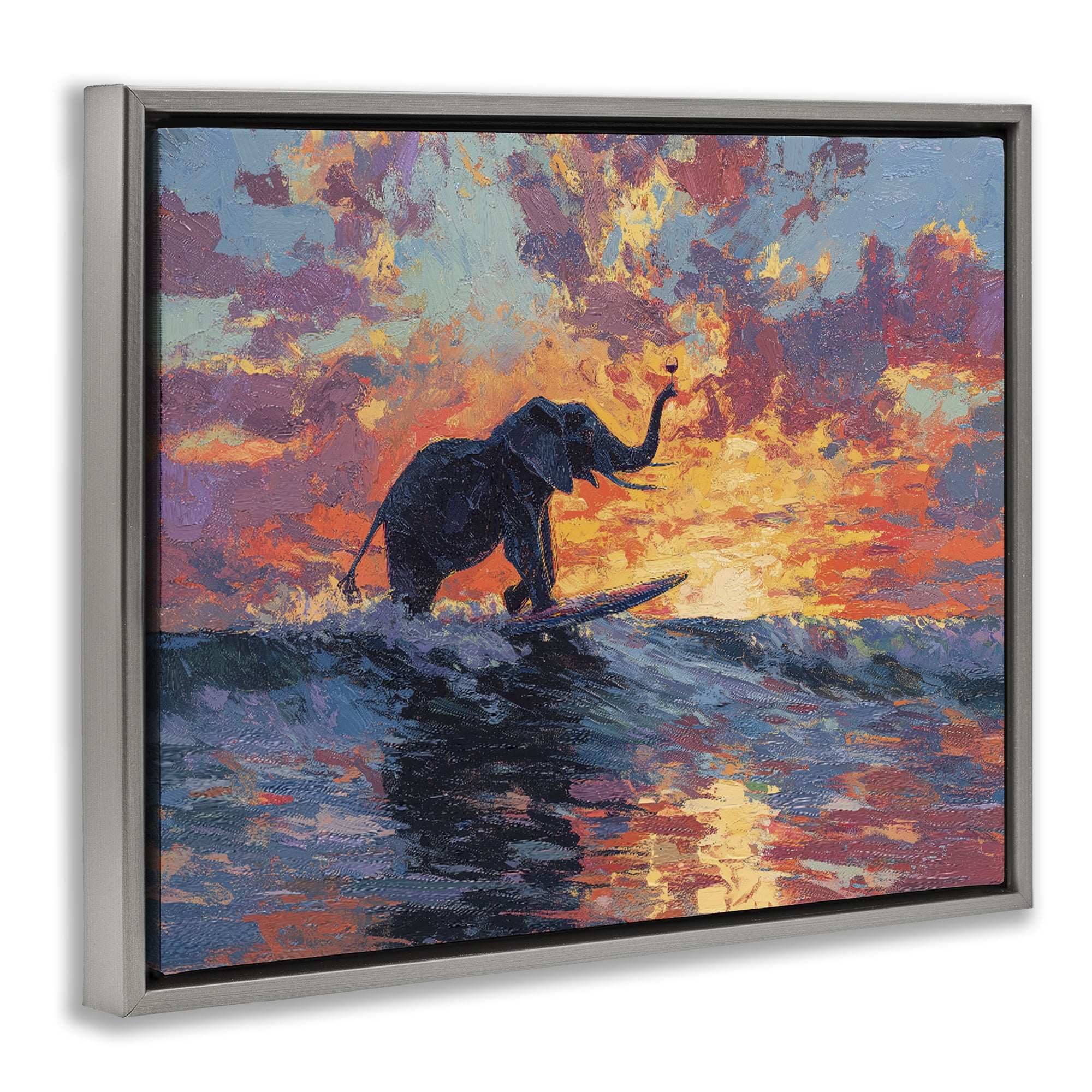 Sunset Surf Elephant Gray Framed Floater Canvas Wall Art, design by Ziwei Li