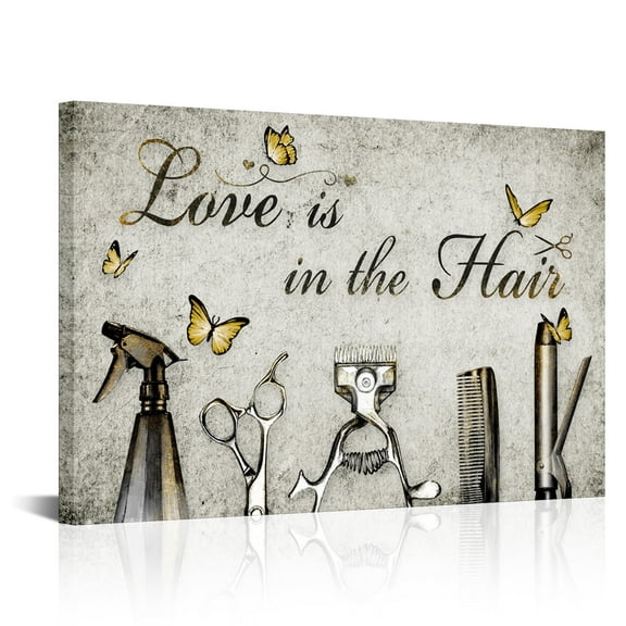 Love The Hair Wall Art Vintage Hairdresser Tools Paintings Beauty Salon Artwork Premium Gallery Wrapped Canvas Decor Ready to Hang