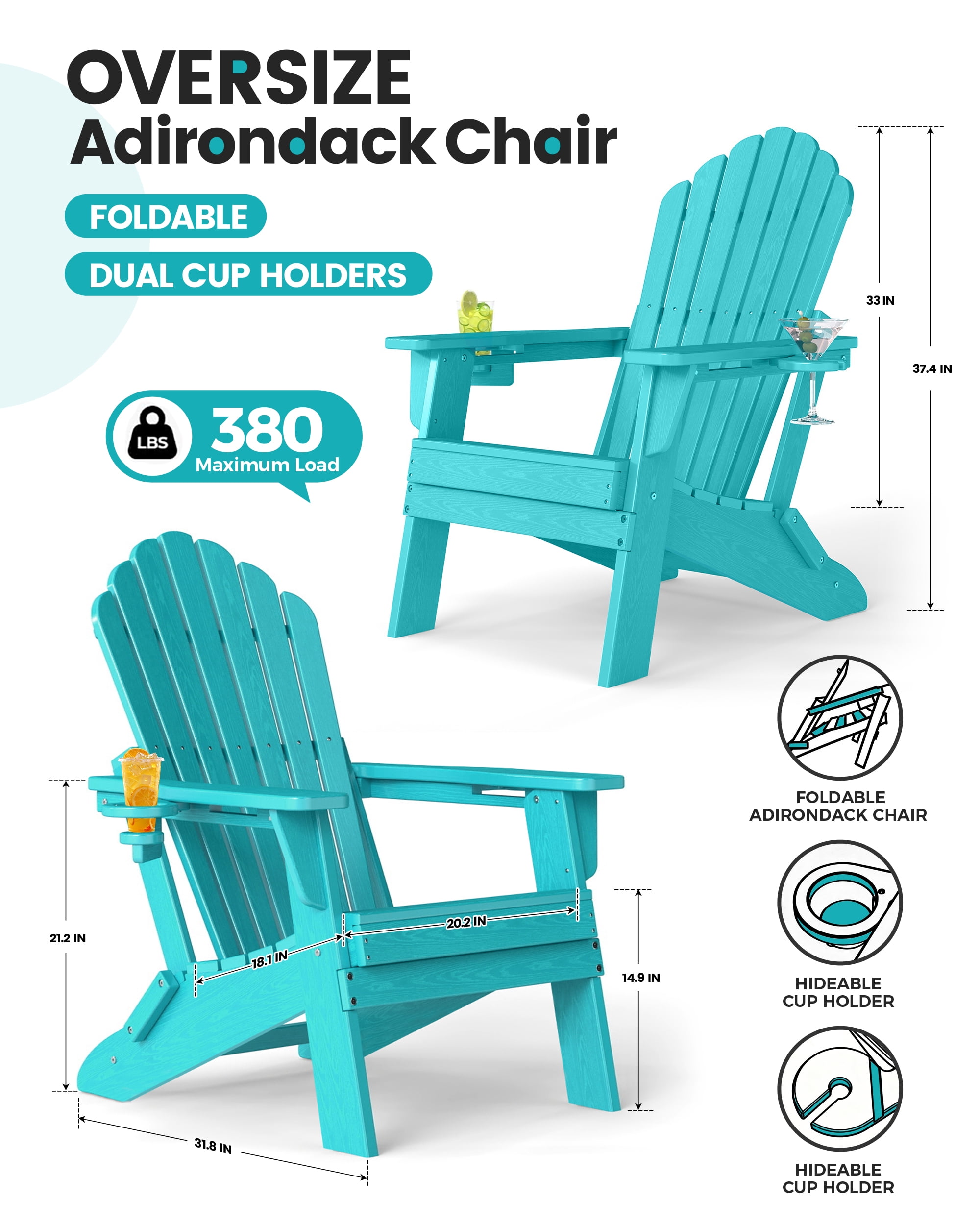 Cobiod Adirondack Chair, Foldable Lawn Chair with Dual Cup Holders, Weather Resistant High Back for Patio, Garden, Beach, Aruba
