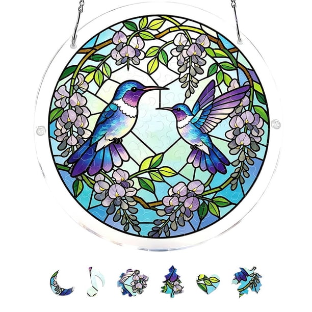 Acrylic Jigsaw Puzzle Suncatcher,Window Suncatcher Acrylic Puzzle,Unique DIY Emerald Flame Hummingbird Sun Catcher PuzzleKit,Sun Catcher AcrylicPuzzles Garden Decoration for Window Garden Hanging