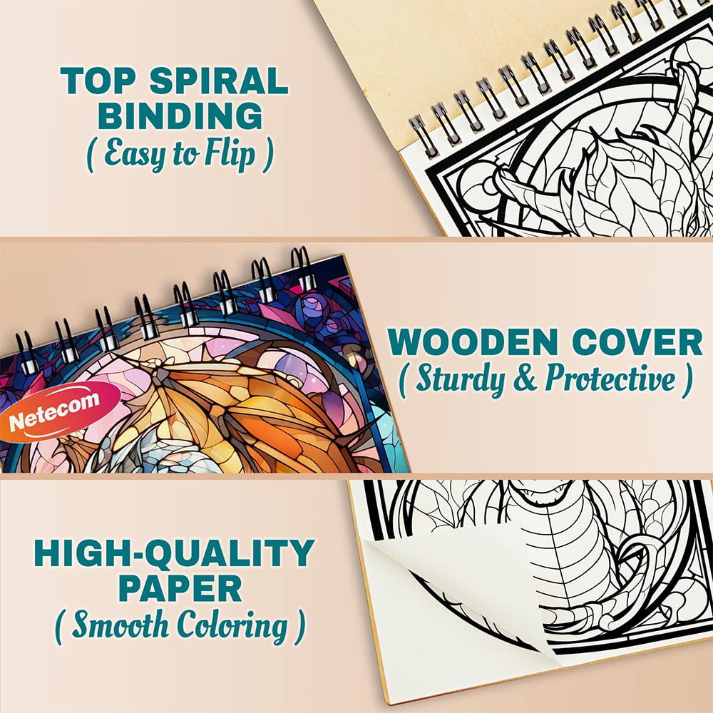 Netecom Dragon Stained Glass Coloring Book Spiral Bound For Adults, A5 Wooden Cover, 30 Enchanting Coloring Pages of Majestic Dragons in Stained Glass Patterns for Stress Relief and Relaxation