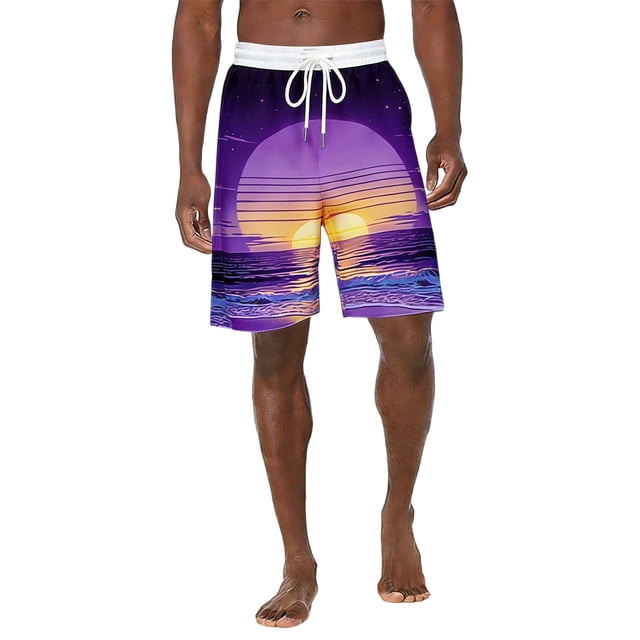 Los Pantalones Cortos de Cintura Elástica de los Hombres de Vacaciones Informales Imprimidos Pantalones de Baño, Pantalones de Playa con Cordón con Bolsillos Laterales