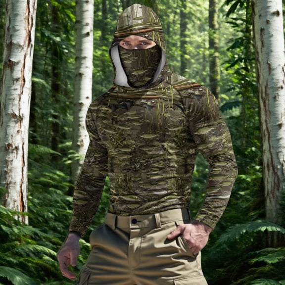 YOIAVAIOY Men's UV Blocking Hoodie Camo Includes a Detachable Face Mask, UPF50 Fabric is Light and Breathable, Suitable for Travel and Sightseeing Camouflage M