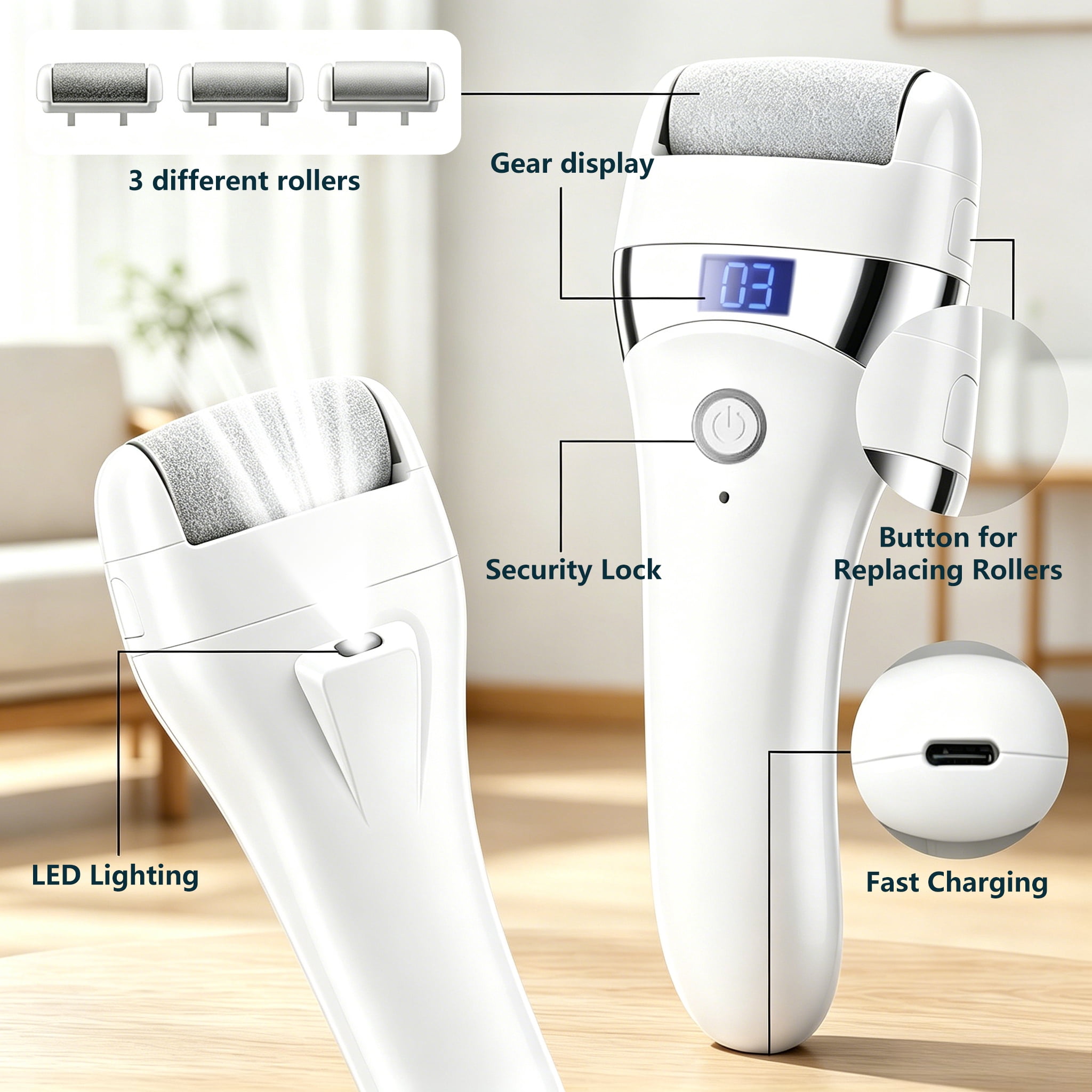 Electric Foot File USB Rechargeable Pedicure Tool for Adults, Portable Foot Grooming Device, White