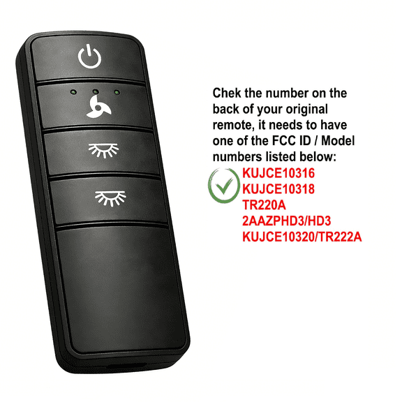 KUJCE10318 / TR220A Ceiling Fan Remote Control Replacement for Hampton Bay and Home Decorators Collection 2AAZPHD3/HD3, KUJCE10320/TR222A, 3 Speeds/Light Dimmer, Time Delay, 304.25MHz (Remote Only)