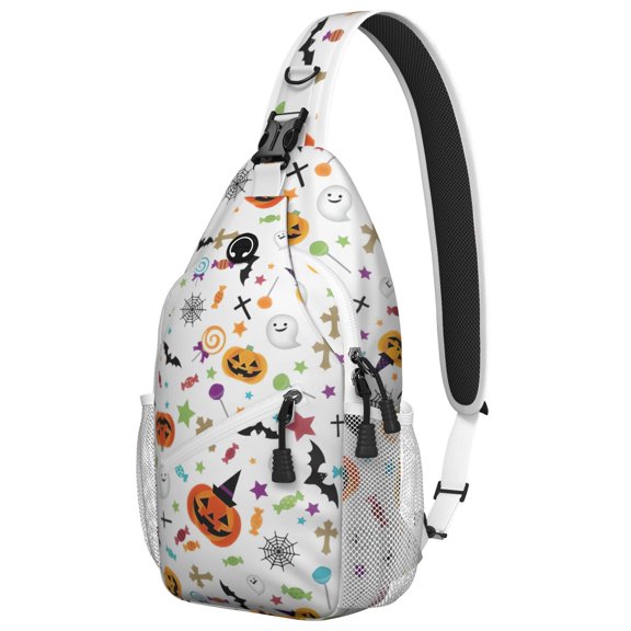 Sling Backpack,Playful Halloween Icons Pattern Sling Bag with Water Bottle Holder,Waterproof Sling Bag for Men/Women with Headphone Jack for Hiking,Travel