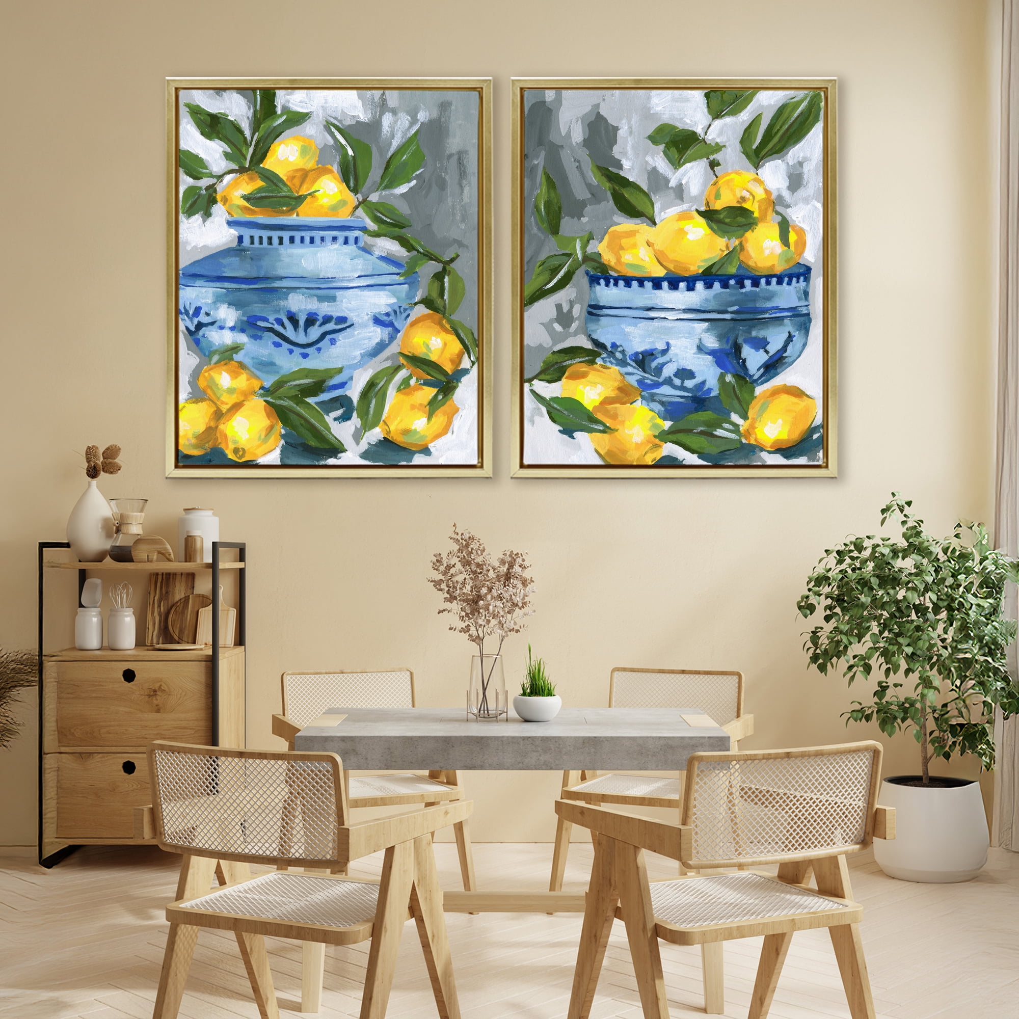 Stupell Industries Indigo & Lemon Citrus Fruits 2 Piece Gold Framed Floater Canvas Set, design by Melissa Wang
