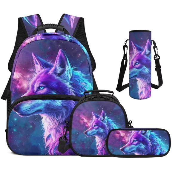 Bulopur Boys 17 Inch Backpack Set 4 Piece Galaxy Wolf Print School Bookbag with Lunch Box, Water Bottle Holder and Pencil Case for Elementary