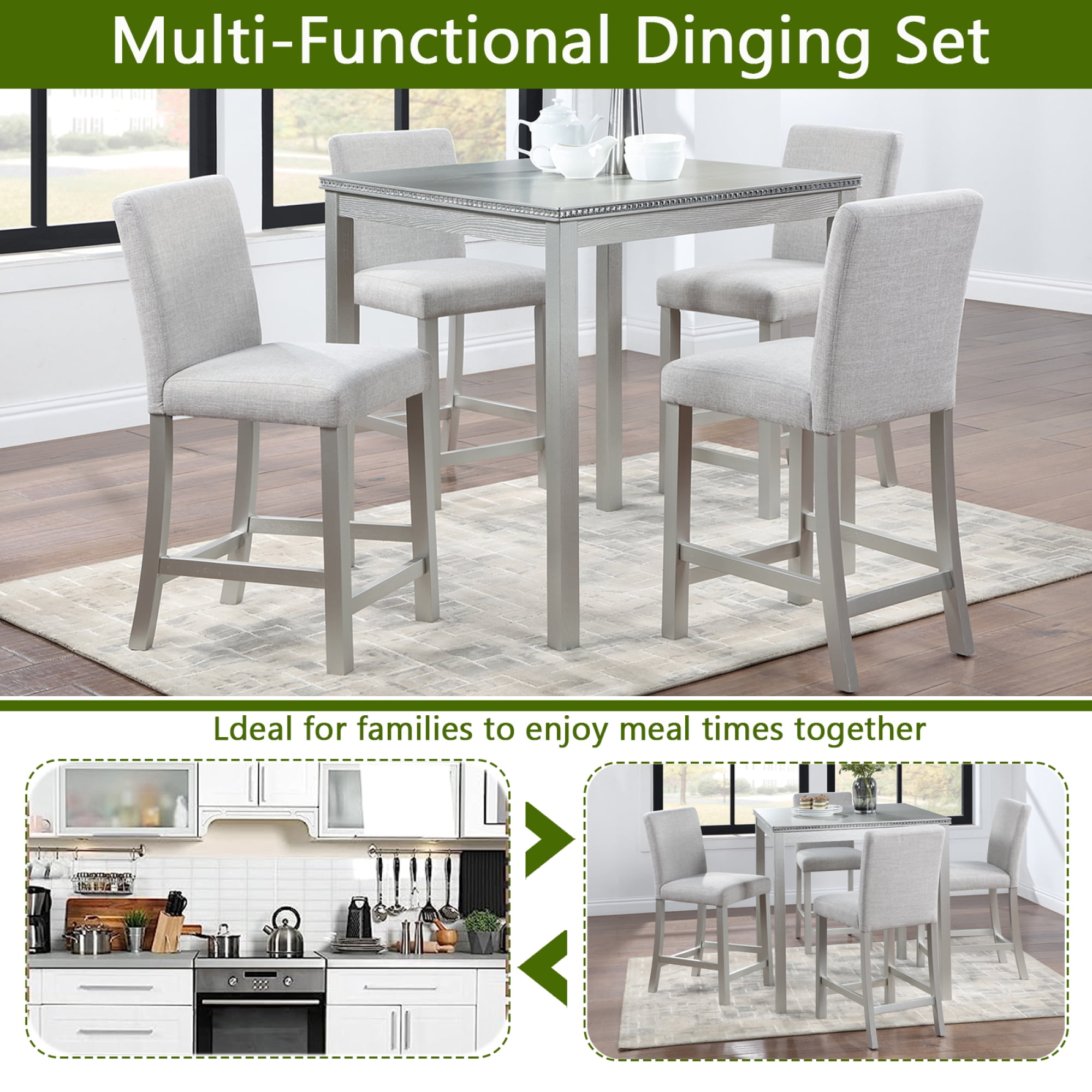 Leumius 5 Pieces Dining Table Set,Counter Height Table Set with Square Table and 4 Upholstered Chairs,Wooden Kitchen Table Set for Kitchen, Dining Room,Beige+Silver Gray