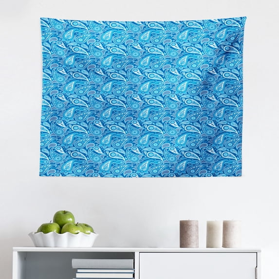 Blue Paisley Tapestry, Rhythmic Buta Elements with Floral Ornaments Illustration Print, Fabric Wall Hanging Decor for Bedroom Living Room Dorm, 2 Sizes, Cobalt Blue Azure Blue, by Ambesonne