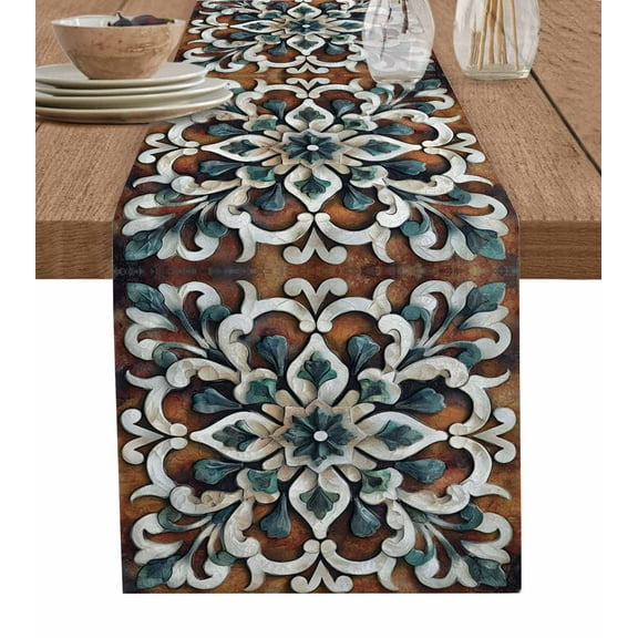 Brown Teal Boho Burlap Cotton Table Runner 13x120 Inches Long, Ethnic Rustic Abstract Flowers Farmhouse Table Runners, Outdoor Dining Tablecloths Decor for Baby Shower/Party/Wedding