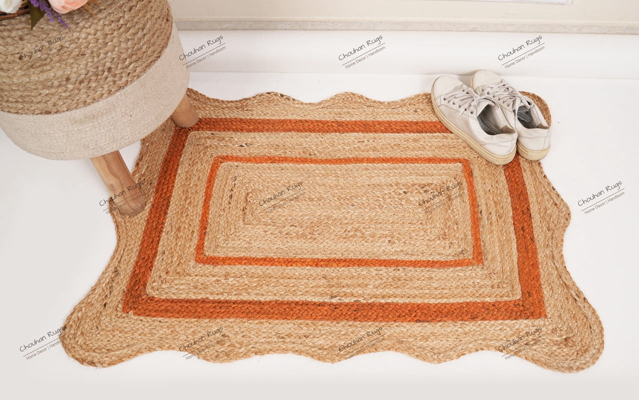 Natural Jute Hand Braided Area Rug Orange Scalloped Pattern Rectangle Rug