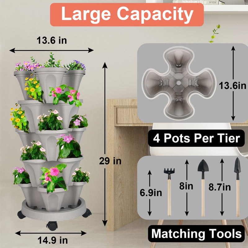 5-Tier Vertical Stackable Tower Planter for Strawberries, Flowers, Herbs, and Vegetables - Gray.