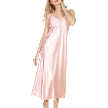 Defitshape Women s Silk Lace Sleeveless Satin Nightgown Dress Long Chemise Lingerie Sleepwear Pink US L (Tag3XL)