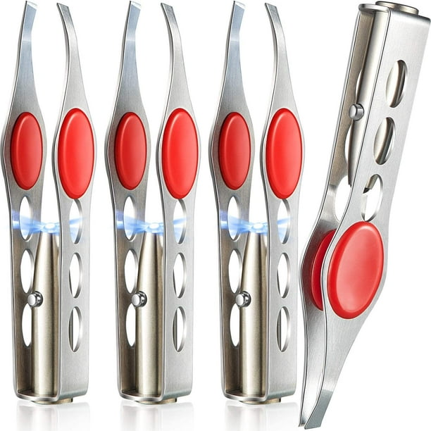 4 pinzas para cejas con luz LED, pinzas iluminadas, pinzas con punta inclinada LED, pinzas de acero inoxidable para cejas, herramientas de maquillaje para quitar