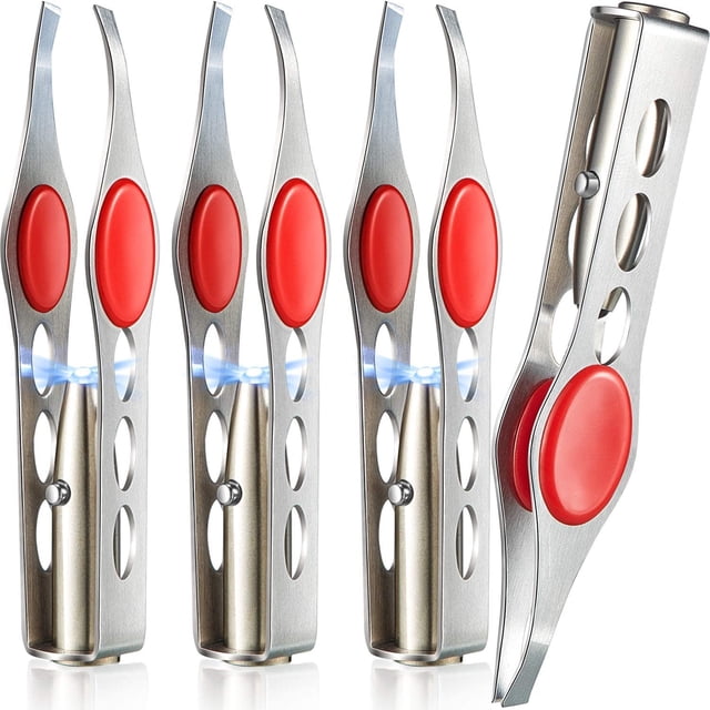 4 pinzas para cejas con luz LED, pinzas iluminadas, pinzas con punta inclinada LED, pinzas de acero inoxidable para cejas, herramientas de maquillaje para quitar