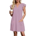 thumbnail image 6 of Noric Women's V Neck Striped Mini Dresses Ruffle Cap Sleeve with Pockets Relaxed Fit Casual Summer Lightweight Flowy Casual Dresses, 6 of 7