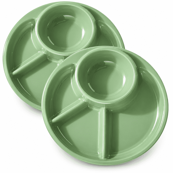ABCISI Divided Plates, 2-Pack 9-Inch Plastic Portion Control Dinner Plates with 3 Compartments and Center Dip Bowl for Meals, Snacks, Camping and Everyday Use, Green