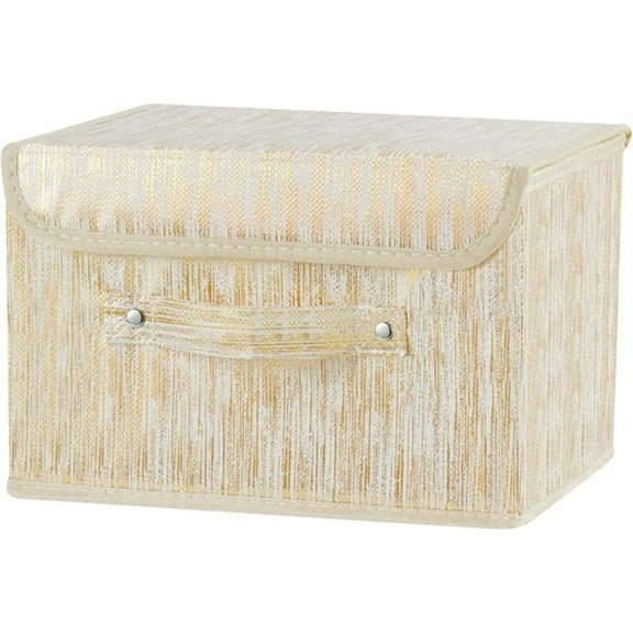 D rative Storage Boxes with Lid Luxury Metallic Fabric Storage Bins Organizer Containers Collapsible Shelf Baskets with Handles for Home Bedroom Closet Office (Gold, Small Size)