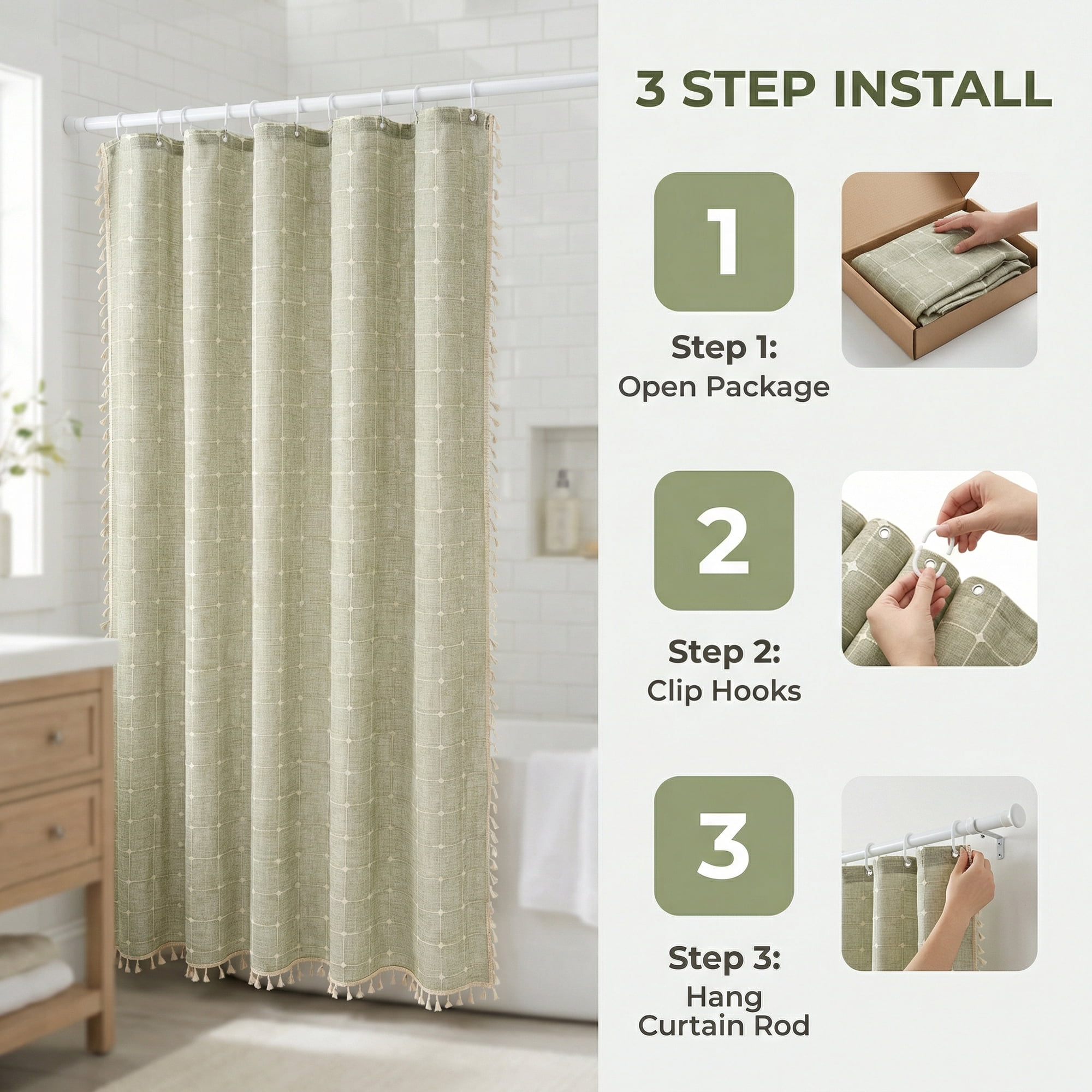 Unique Bargains Boho Plaid Blend Shower Curtain Sets with Hooks Green 72"W x 72"L