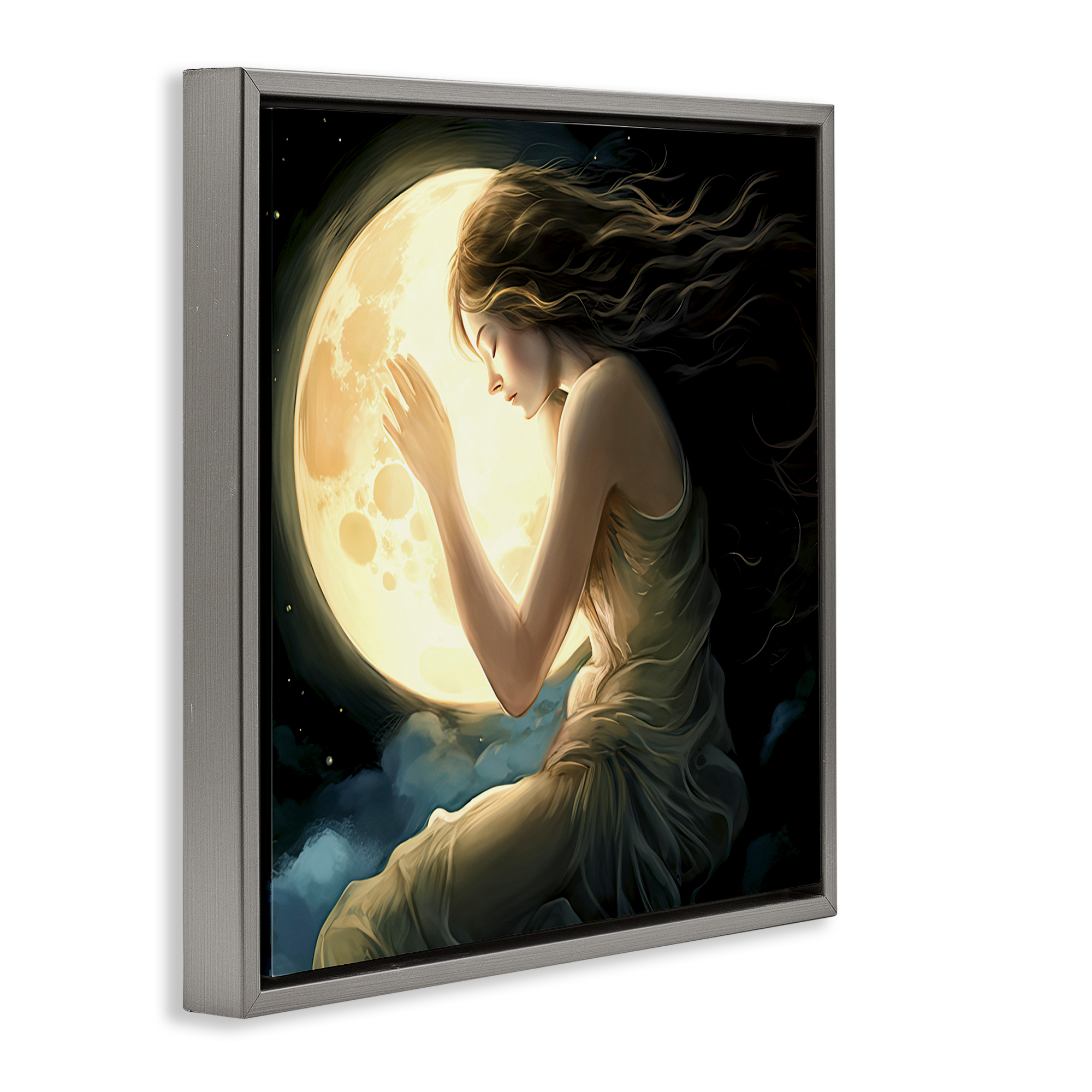 Ethereal Moon Love Gray Framed Floater Canvas Wall Art, design by Sasha