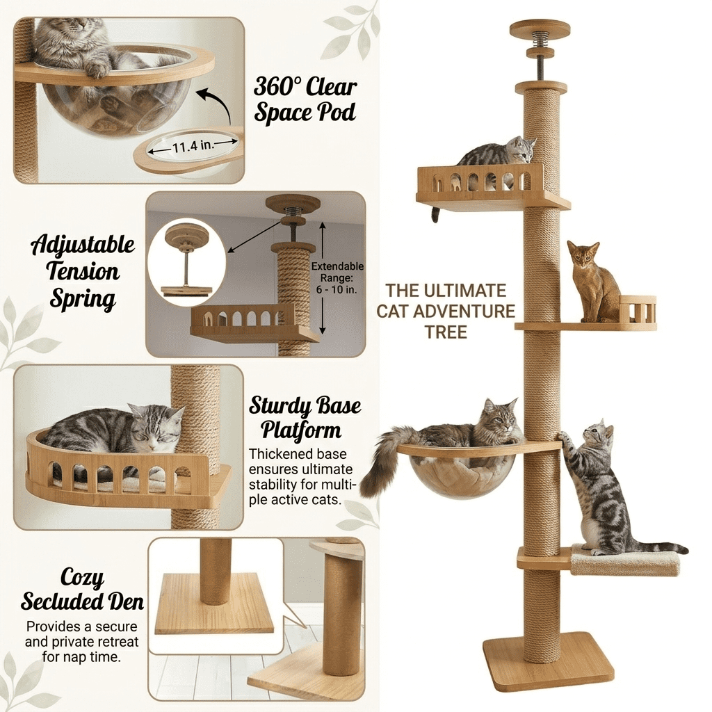 Mekidulu 9ft Floor to Ceiling Wood Cat Tree, 95"-108" Adjustable Height Tower with 4.3" Thick Posts, Brown
