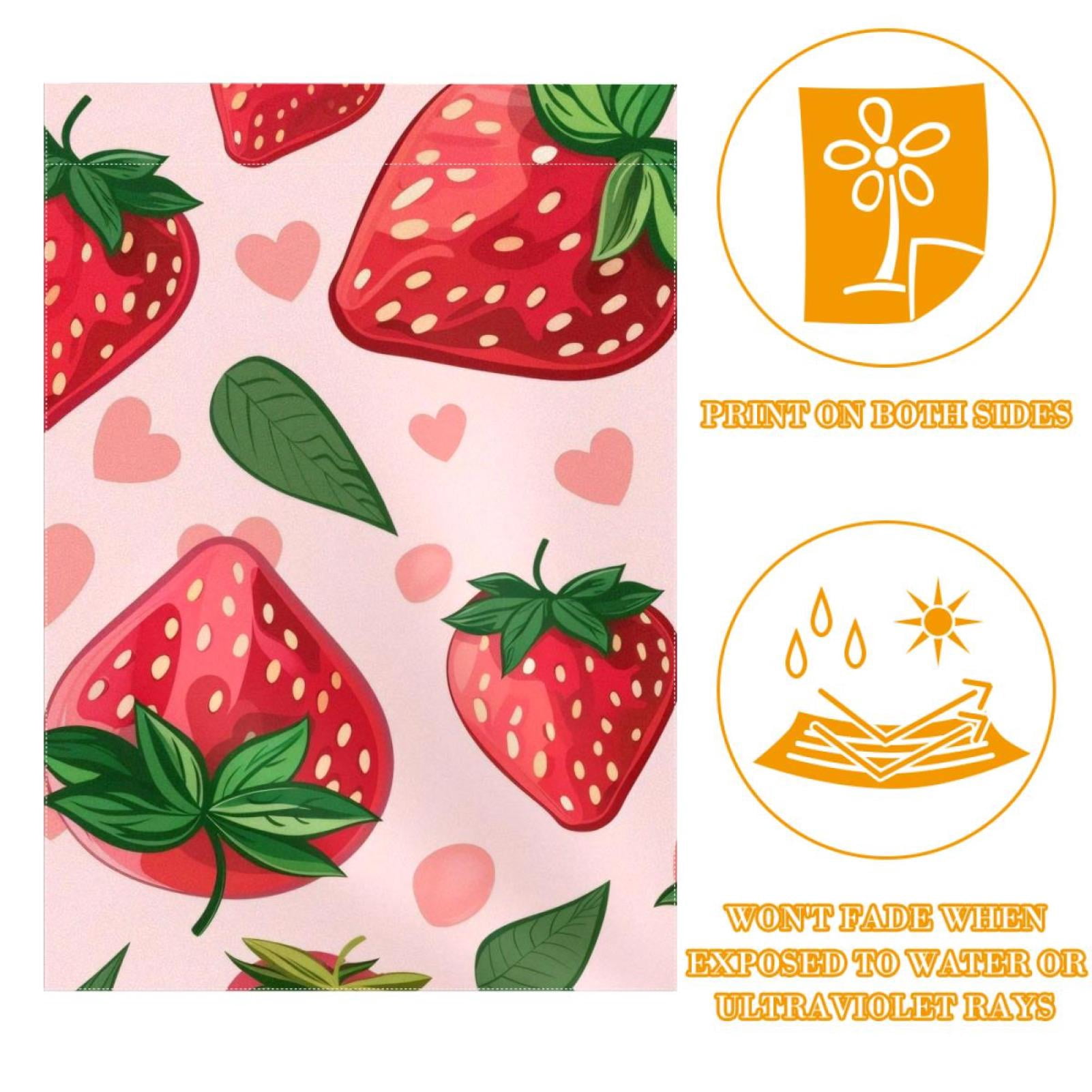 Welcome Strawberry with Green Leaves Pink Hearts Garden Flag, Vertical Double Sided Small House Flag, Yard Farmhouse Outdoor Deck Veranda Lawn Decor 28x40 Inch
