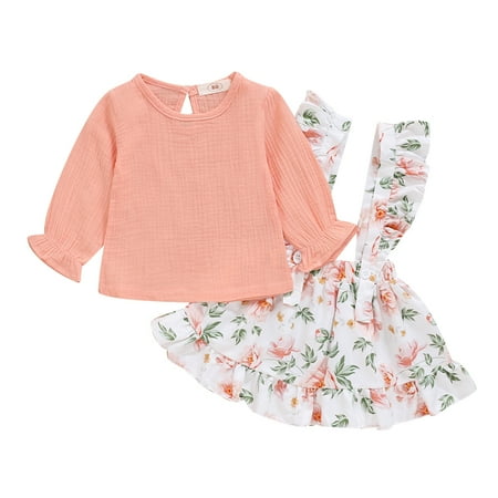 

Carolilly Baby Girls Clothes Set Long Ruffle Sleeve Tops + Floral Print Suspender Skirt with Elastic Waist