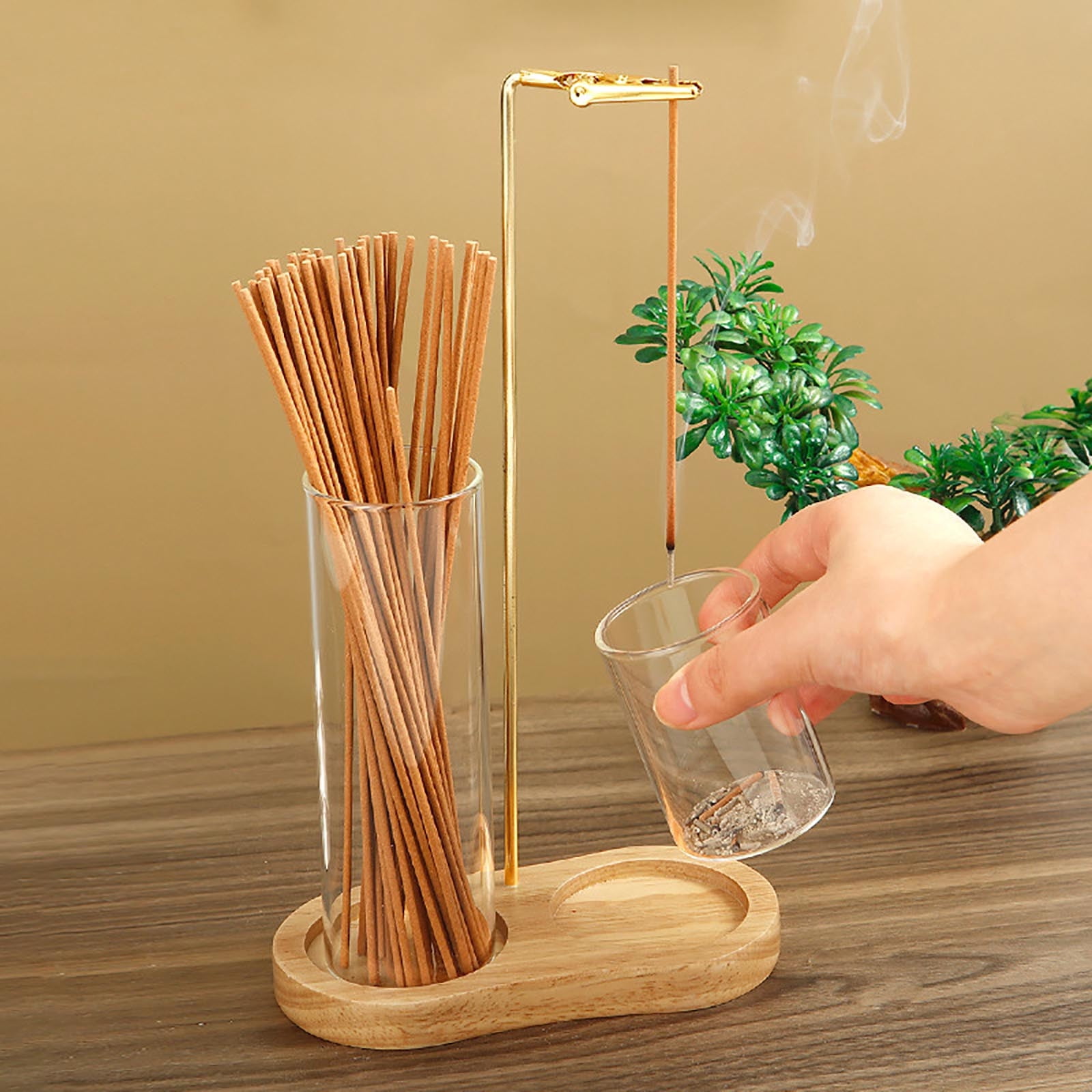 2 in 1 Incense Holder Solid Rubber Wood 8-Shaped Base | Glass Cup Ash Catcher | Secure Clip Metal Arm | For Meditation | Clean Burning | Single Pack