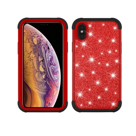 SOATUTO For iPhone X Phone Case, Cute Shockproof Glitter Sparkle Bling Silicone PC Hybrid Armor Phone Case Cover for Apple iPhone X/XS 5.8 Inch(Red)