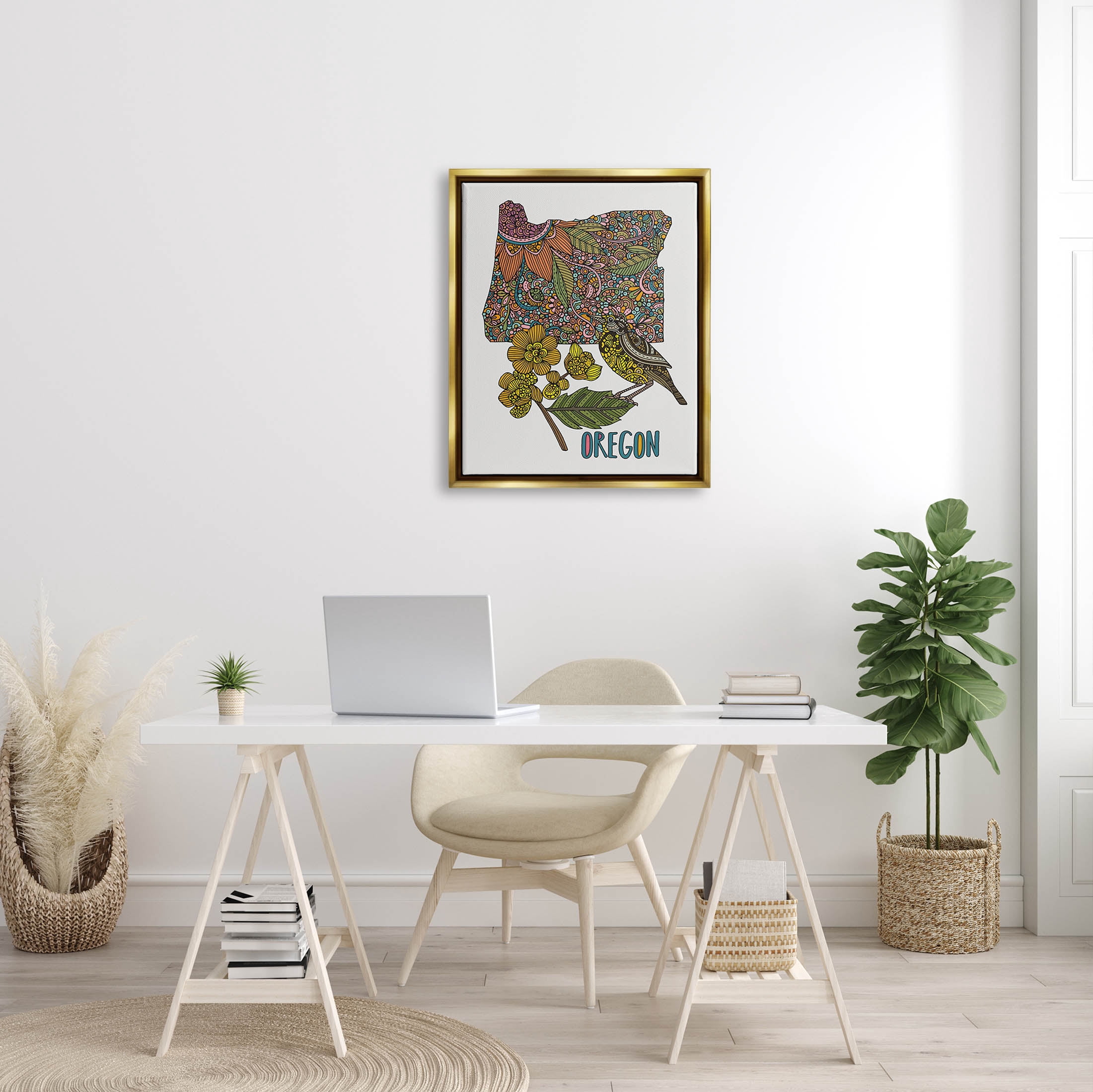 Stupell Industries Oregon State Flower Bird Graphic Art Metallic Gold Floating Framed Canvas Print Wall Art, Design by Valentina Harper