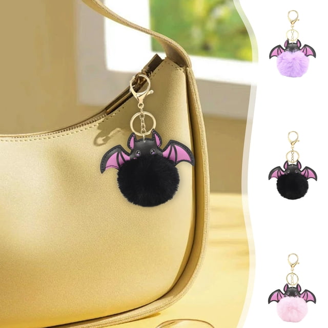 Llavero de Pom de Murciélago de Halloween | Accesorio de peluche para bolso, mochila, llaves de coche | Negro, Rosa, Púrpura | Poliéster suave | 8cm | Idea de regalo único