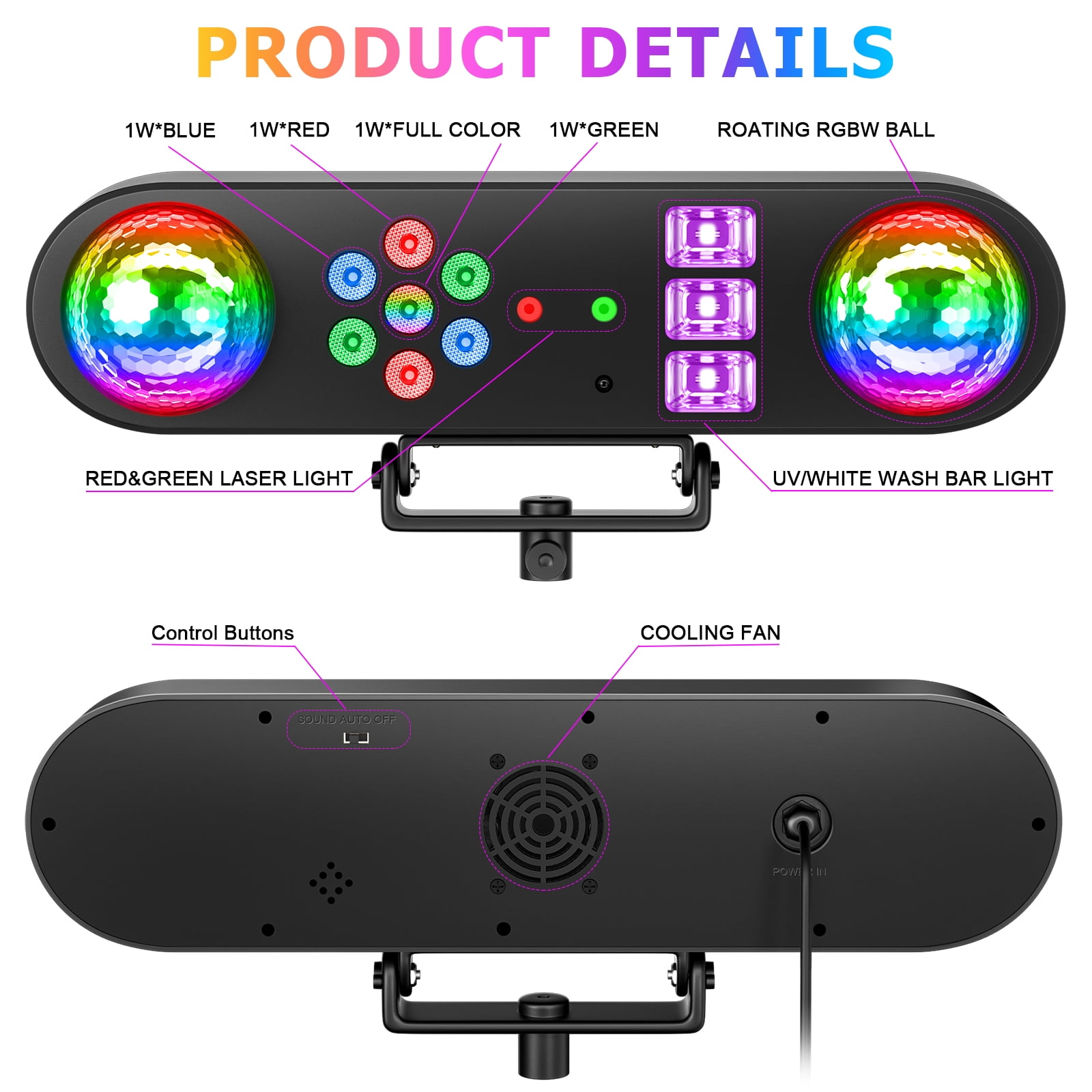 JAJALUYA DJ Light with Stand 5-in-1 Rotating RGB Balls & Remote – UV LED, Strobe, Sound-Activated Lighting for Parties, Weddings, Disco Clubs
