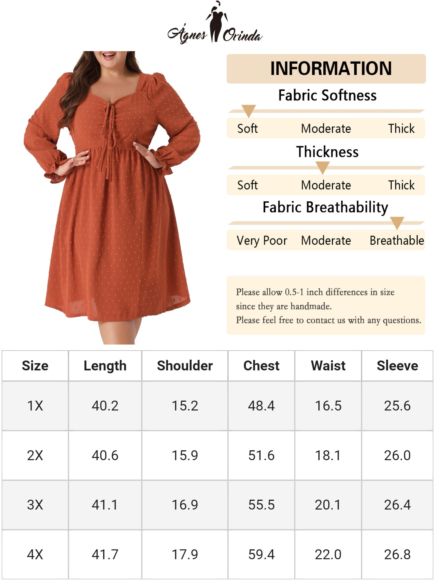 Unique Bargains Women's Plus Size Midi V Neck Tie Ruffle Babydoll Swiss Dots Boho Dress 4X Caramel